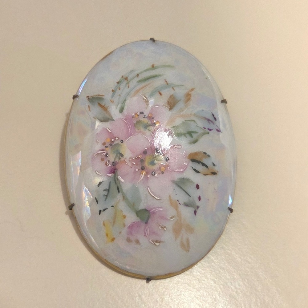 Vintage Porcelain Hand Painted Brooch Floral Pink Flowers Gold Tone Oval Pin